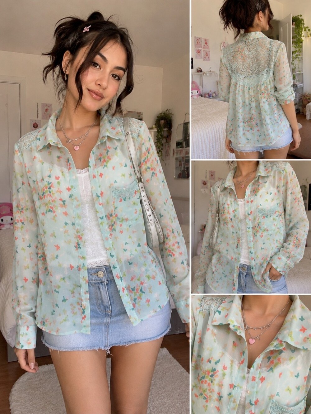 Candie’s Sheer Butterfly Print Button Down Blouse XS